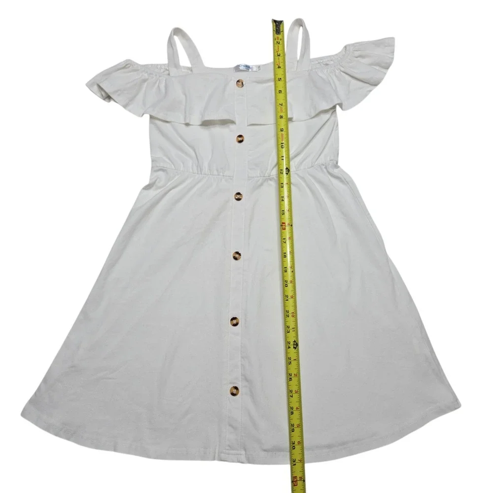 Greatchy Dress Girls L 10-12 White Cold Shoulder Ruffle Button Front Cottagecore